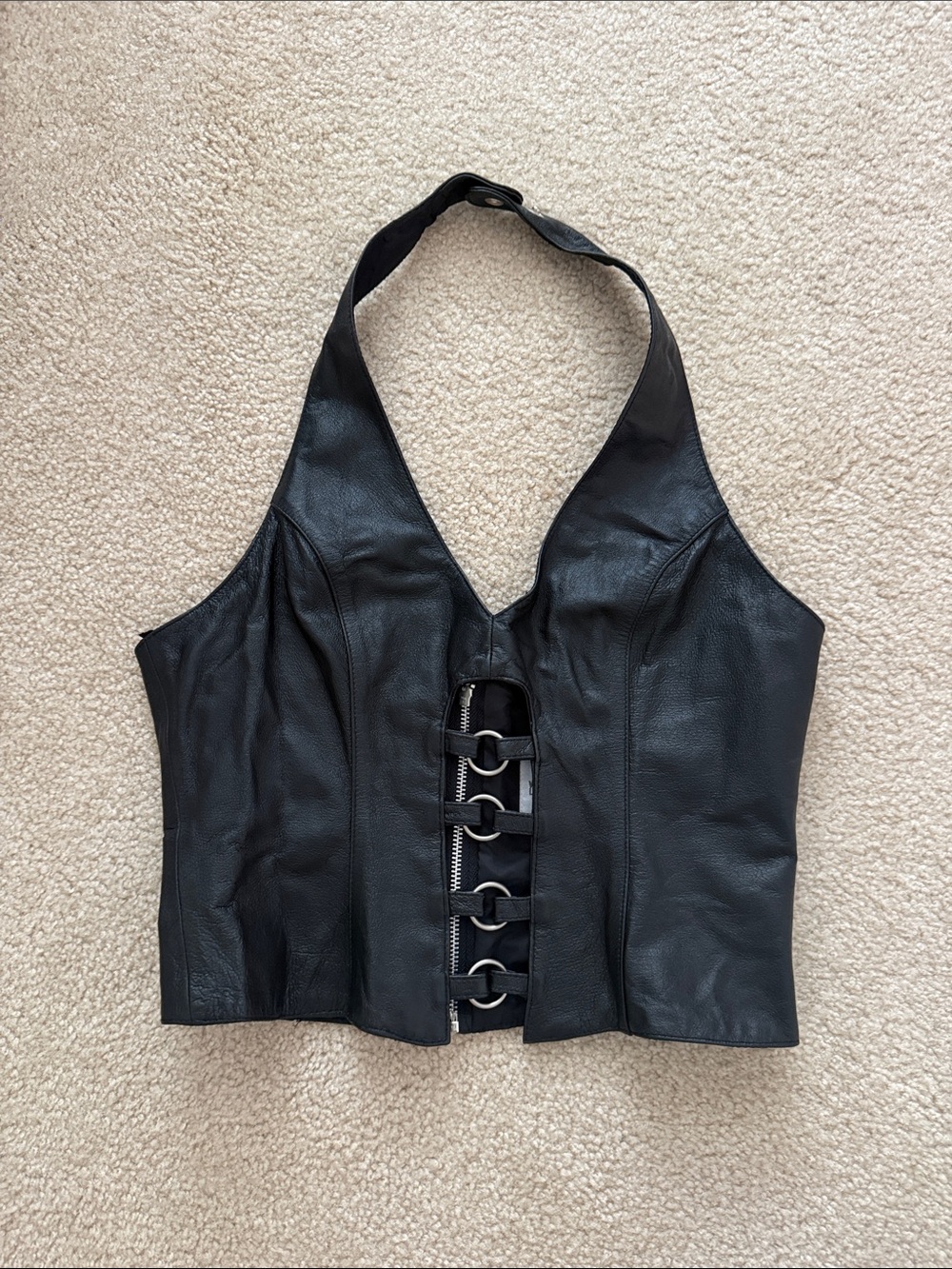 Wilsons Leather Black Leather Halter Corset Crop Top with D-Ring Front